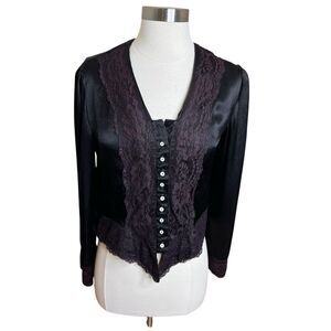 Vintage Jessicas Gunnies Blouse Size 11 Black Purple Satin Lace Button Down Goth